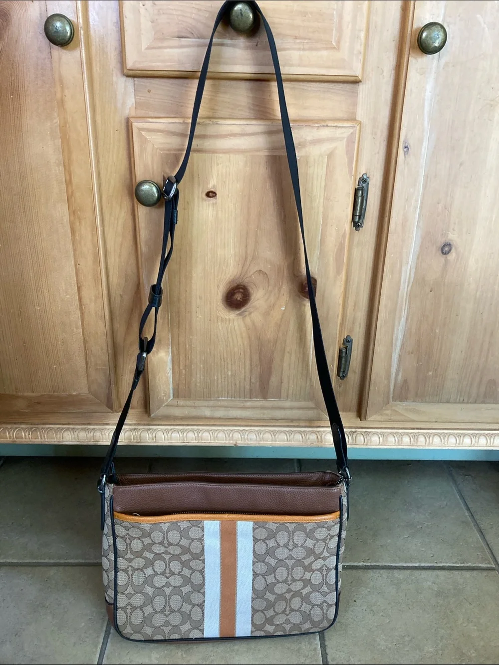 Coach Men’s Brown Signature Patterned Crossbody Messenger Bag with Stripe Accent